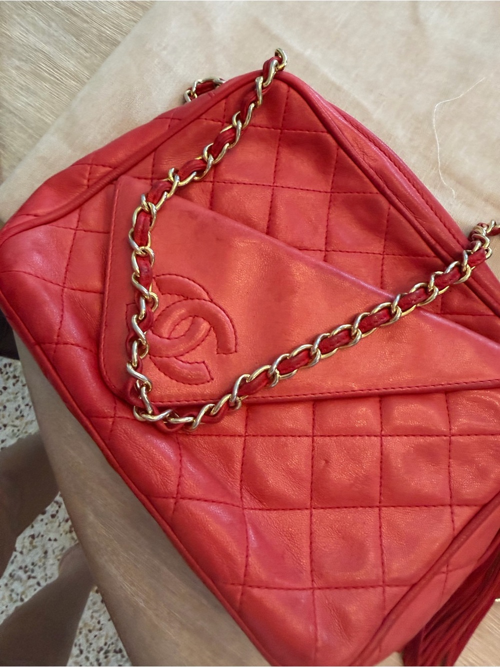 CHANEL Red Quilted Leather Crossbody Bag with Gold Chain vintage